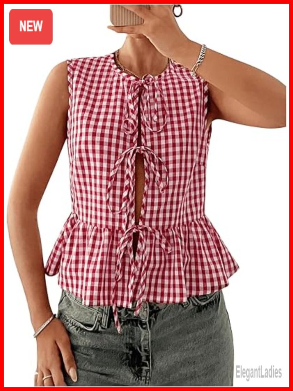 Sleeveless Gingham Tie Front Blouse Peplum Tank Top Summer Tops